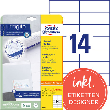 AVERY ZWECKFORM Etichette universale 105x423mm 6136 bianco 30 fogli