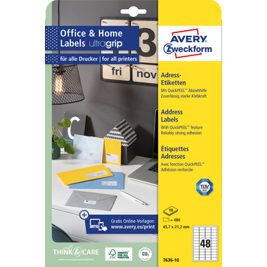 AVERY ZWECKFORM Etiquettes 21.2x45.7mm 7636-10 blanc, perm. 10 flls./48 pcs.