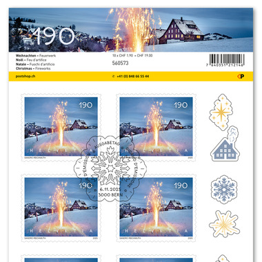 Stamps CHF 1.90 «Fireworks», Sheet with 10 stamps Sheet «Christmas», self-adhesive, cancelled