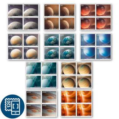 Série de blocs de quatre «Notre système solaire» Série de blocs de quatre (40 timbres, valeur d'affranchissement CHF 48.20), autocollant, non oblitéré
