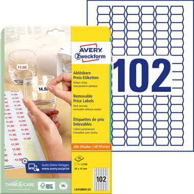 AVERY ZWECKFORM Etiquettes prix 26×16mm L3410REV2 blanc 2550 pcs.