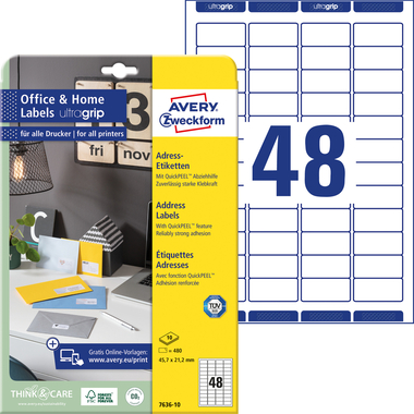 AVERY ZWECKFORM Etiquettes 21.2x45.7mm 7636-10 blanc, perm. 10 flls./48 pcs.