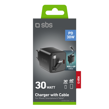 Caricatore USB-C 30 W con cavo integrato retrattile e tecnologia GaN | SBS