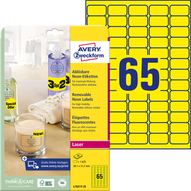 AVERY ZWECKFORM Etiketten 38,1x21,2mm L7651Y-25 gelb 1625 Stück