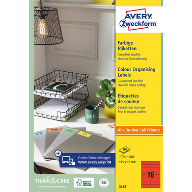 AVERY ZWECKFORM Etiketten 105×37mm 3452 rot 1600 Stück