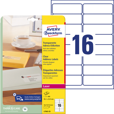 AVERY ZWECKFORM Etiquettes Laser 99,1x33,9mm L7562-25 transparent 400 pcs/16 flls.