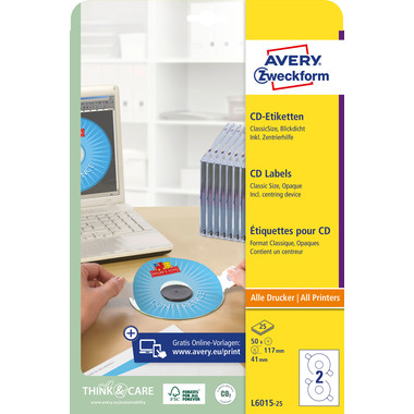 AVERY ZWECKFORM CD-Etiketten 117mm L6015-25 Universal, weiss 25Bl./2Stk.