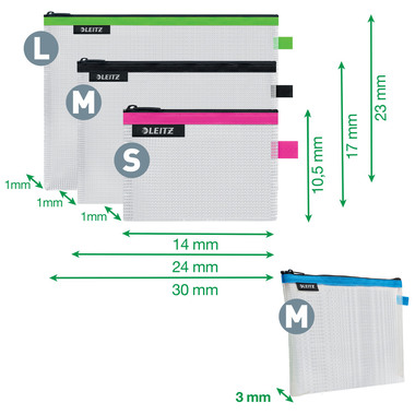 LEITZ Zip-Verschlusstasche WOW S/M/L 4016-00-99 ass. 4 Stück