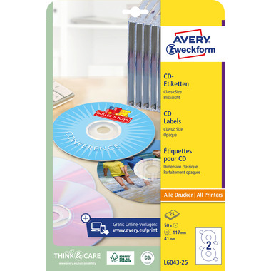 AVERY ZWECKFORM CD-Etiketten Classic weiss L6043-25 117mm 50 Stk.