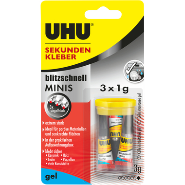 UHU Sekundenkleber 33155 gel, MINIS 3 x 1g