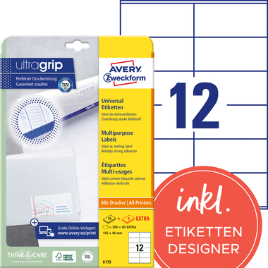 AVERY ZWECKFORM Étiquettes univers. 105x48mm 6175 blanc 360 pcs./25 + 5 flls.