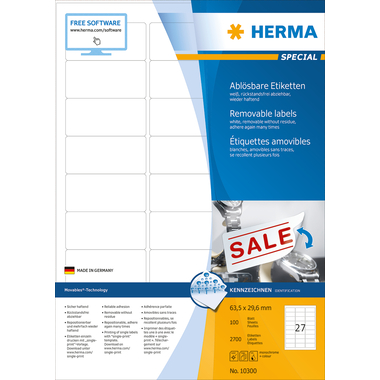 HERMA Etiketten SPECIAL 63.5x29.6mm 10300 weiss,non-perm. 2700St./100Bl.
