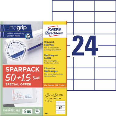 AVERY ZWECKFORM Universal-Etiketten 70x37mm 6605 weiss 156 Stk./65 Blatt