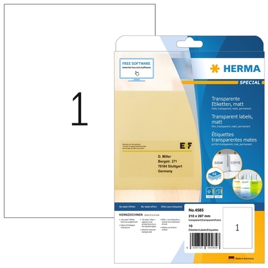 HERMA Etiquettes film 210x297mm 4585 blanc,PP mat 10 pcs./10 flls.