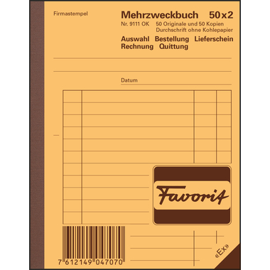 FAVORIT Livre à usage multiple All. A6 9111 OK papier autocopiant 50x2 flls.