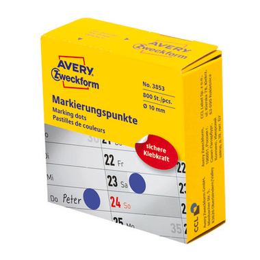 AVERY ZWECKFORM Markierungspunkte 10mm 3853 blau, Spender 800 Stück