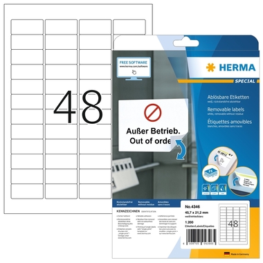 HERMA Étiquett. Amovib. 45,7x21,2mm 4346 blanc,non-perm.1200 pcs./25 f.