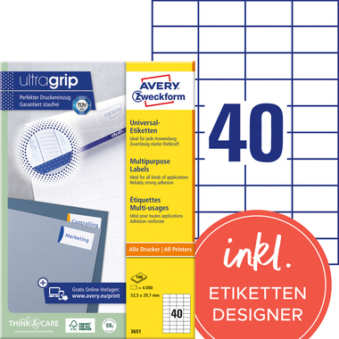 AVERY ZWECKFORM Universal-Etikett. 52,5x29,7mm 3651 weiss 4000 Stk./100 Blatt