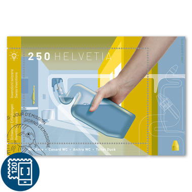 Briefmarke CHF 2.50 «Schweizer Erfindungen - WC-Ente», Sonderblock Sonderblock «Schweizer Erfindungen - WC-Ente», gummiert, gestempelt