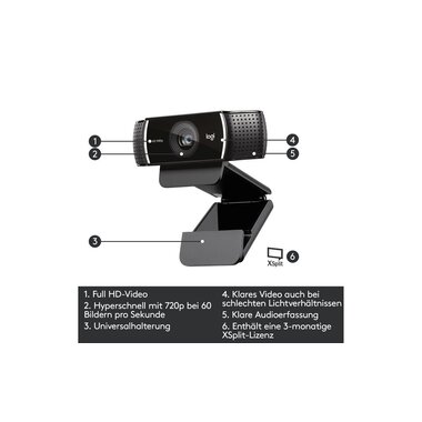 Logitech Webcam C922 Pro Stream , avec trépied, Full-HD 1080p, USB