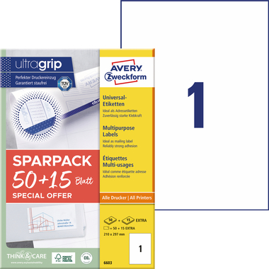 AVERY ZWECKFORM Etiquettes univers. 210x297mm 6603 blanc 65 pcs./65 flls.