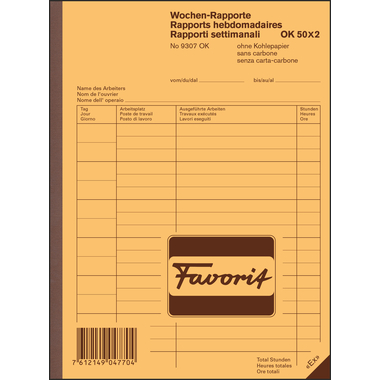 FAVORIT Rapports hebdo. A/F/I A5 9307 OK papier autocopiant 50x2 flls.