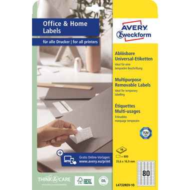 AVERY ZWECKFORM Etiketten ILK 35,6x16,9mm L4732REV1 weiss,ablösbar 10 Bl./800 Stk.