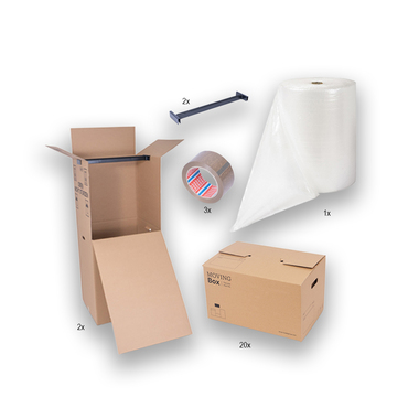 Umzugsset 3 mit 20x Umzugskartons, 1x Luftpolsterfolie (100 Lfm), 3x Klebebänder & 2x Kleiderboxen