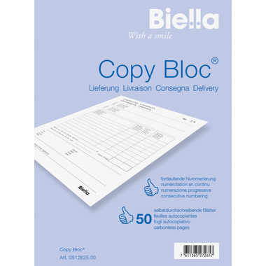 BIELLA Bul.livr. COPY-BLOC D/F/I/E A6 51262500U autocopiante 50x2 feuilles