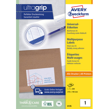 AVERY ZWECKFORM Etiquettes multi-us. 210x148mm 6135 blanc 200 pcs./200 flls.