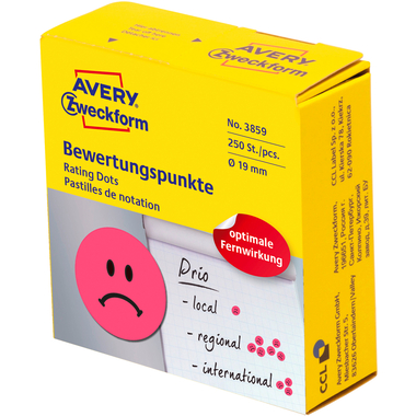 AVERY ZWECKFORM Bewertungspunkte Gesicht 19mm 3859 rot, Spender 250 Stück