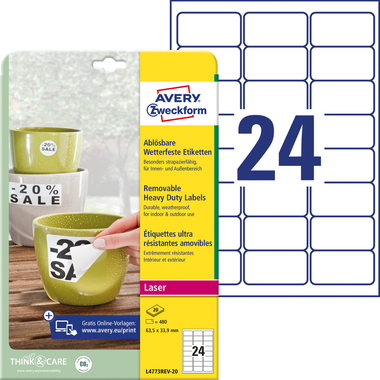 AVERY ZWECKFORM Étiquettes Film 63,5x33,9mm L4773REV-20 blanc,non-perm 480 pcs./20 f.