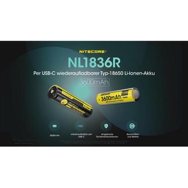 Nitecore Batterie NL1836R Li-Ion Typ 18650 avec USB-C 3600 mAh, 1 Pièce/s