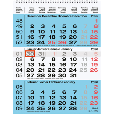 BIELLA 3-Calendrier mens. Wire-O 2026 889020050026U 3M/1P bleu ML 31x40cm