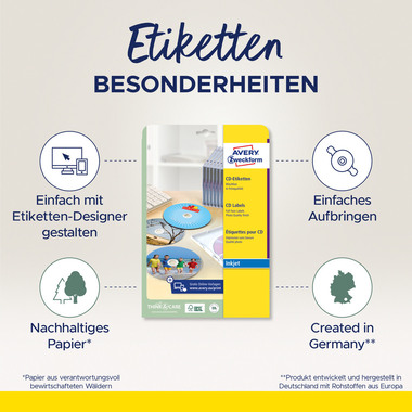 AVERY ZWECKFORM Etikette f. CD, glossy 117mm C9660-25 InkJet,SuperSize 50 St./25 Bl.