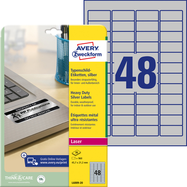 AVERY ZWECKFORM Étiquettes ultra-r.45,7x21,2mm L6009-20 argent, Laser 960pcs./20 flls.