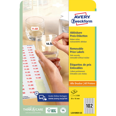 AVERY ZWECKFORM Preisetiketten 26×16mm L3410REV2 weiss 2550 Stück