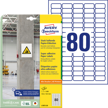 AVERY ZWECKFORM Etiketten Univ. 35.6x16.9mm L7872-20 weiss, stark haftend 20 Blatt