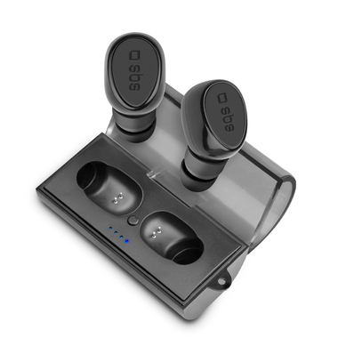 Auricolari Bluetooth neri con base di ricarica