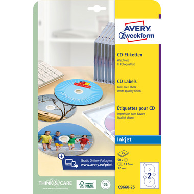 AVERY ZWECKFORM Etikette f. CD, glossy 117mm C9660-25 InkJet,SuperSize 50 St./25 Bl.