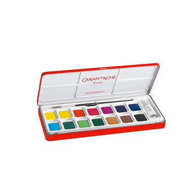 CARAN D'ACHE Gouache Studio Wasserfarben 1000.315 14 Farben, 1 x weiß + Pinsel