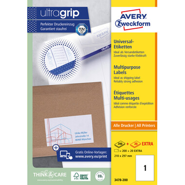 AVERY ZWECKFORM Etiketten 210x297mm 3478-200 weiss 220 Stk./200+20 Blatt