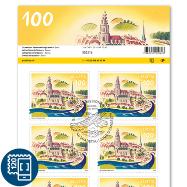 Briefmarken CHF 1.00 «Bern», Bogen mit 10 Marken Bogen «Schweizer Sehenswürdigkeiten», selbstklebend, gestempelt