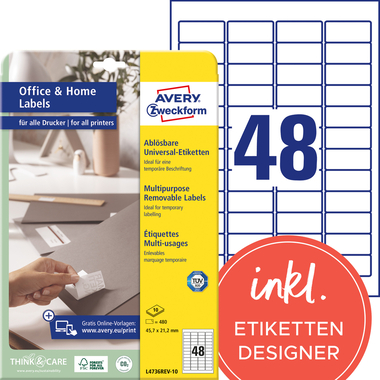 AVERY ZWECKFORM Etiketten 45,7x21,2mm L4736REV1 weiss 480 Stück