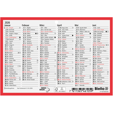 BIELLA Wandkalender 2026 871607000026U 6M/1S rot/weiss DE 16.5x11.5cm
