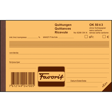 FAVORIT Quittungen D/F/I A6 9298 OK N blau/blau/weiss 50x3 Blatt