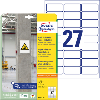 AVERY ZWECKFORM Etiquettes Univ. 63.5x29.6mm L7874-20 blanc, strong 20 feuilles