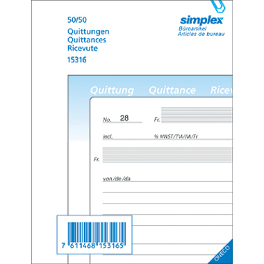 SIMPLEX Quittance D/F/I A6 15317 bleu/blanc 50x2 feuilles