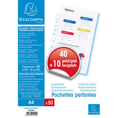 EXACOMPTA Poches présent, lisse A4 5250E PP, perforé, 60my 50 pcs.