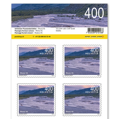 Francobolli CHF 4.00 «Rodano VS», Foglio da 10 francobolli Foglio «Paesaggi fluviali svizzeri», autoadesiva, senza annullo